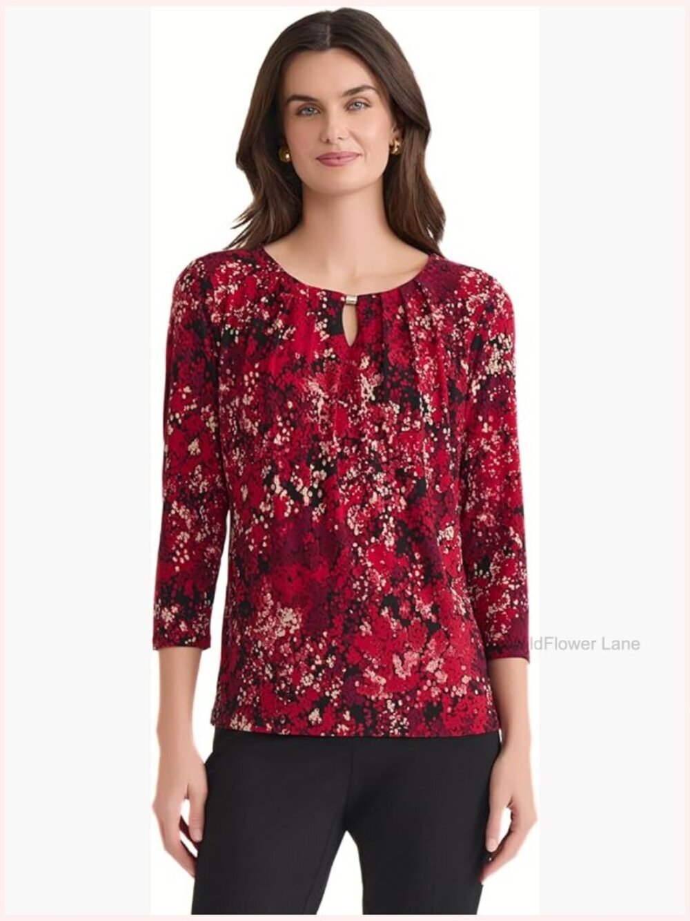 3/4 Sleeve Pleat Neck Jersey Top Floral Print Business Casual